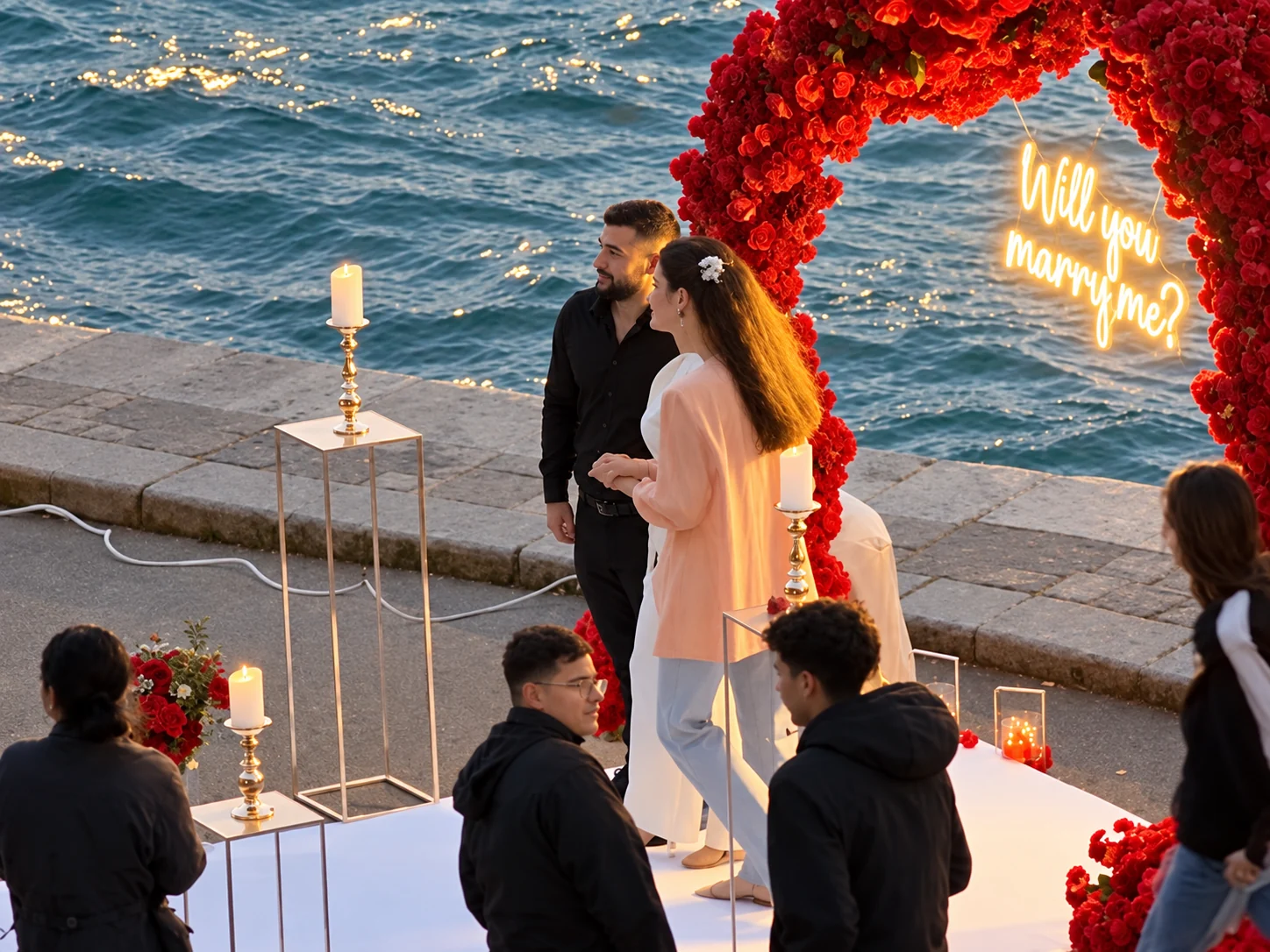 Romantic proposal event beside the water with floral decoration